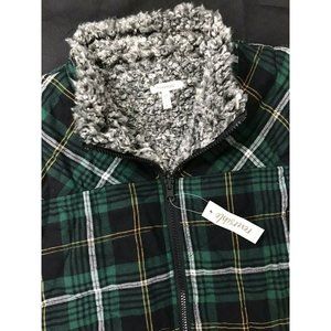 NWT Maurice's Size Large Reversible Vest Green White Plaid Sherpa Lined